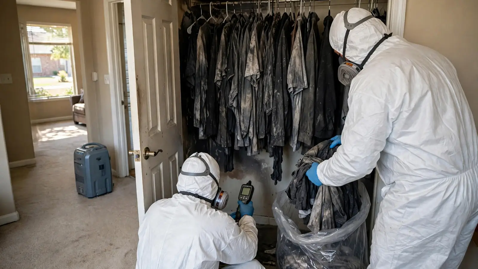 Smoke-stained clothes in a closet being bagged for cleaning