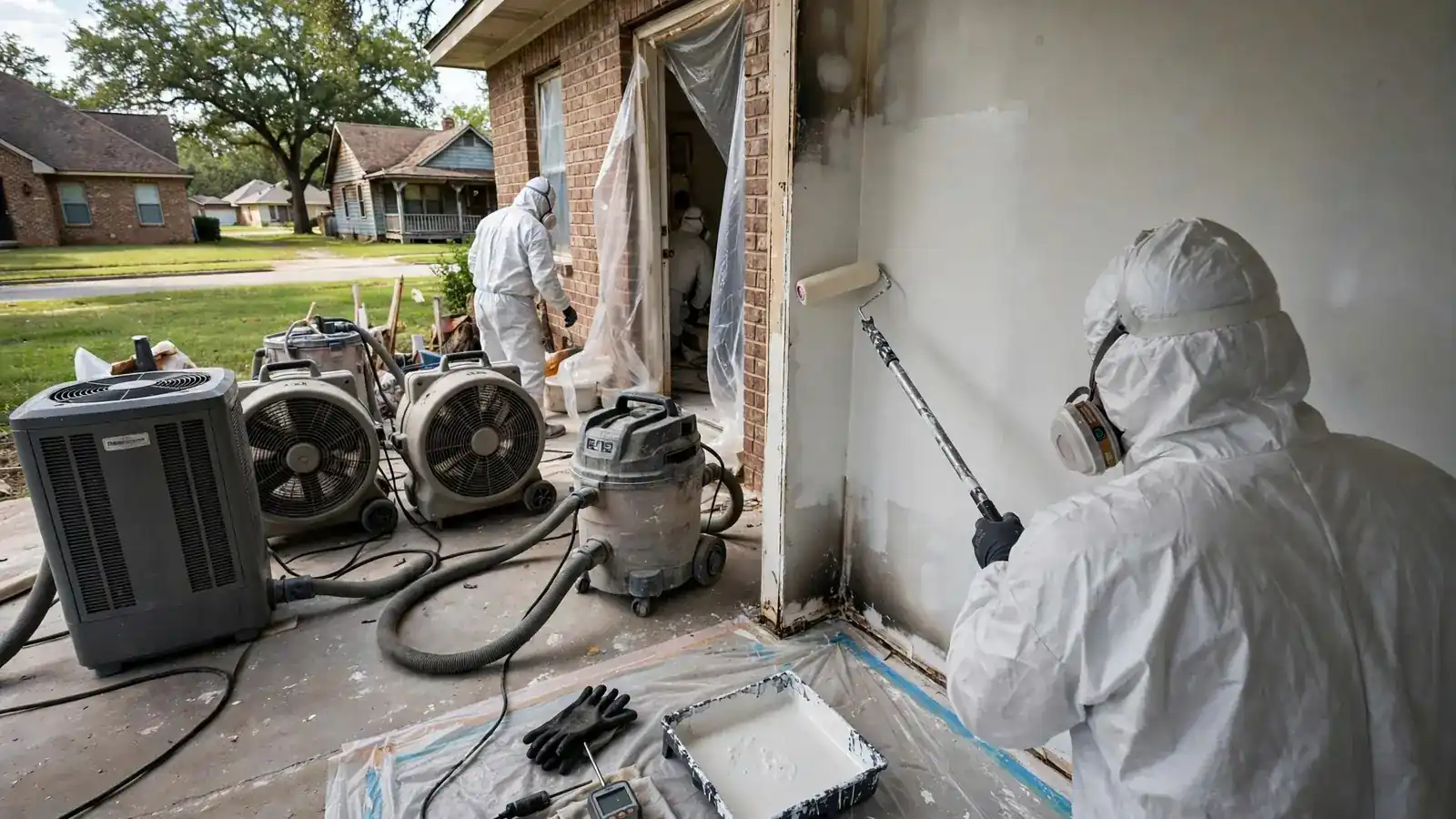 Worker rolling primer onto a cleaned wall after smoke damage