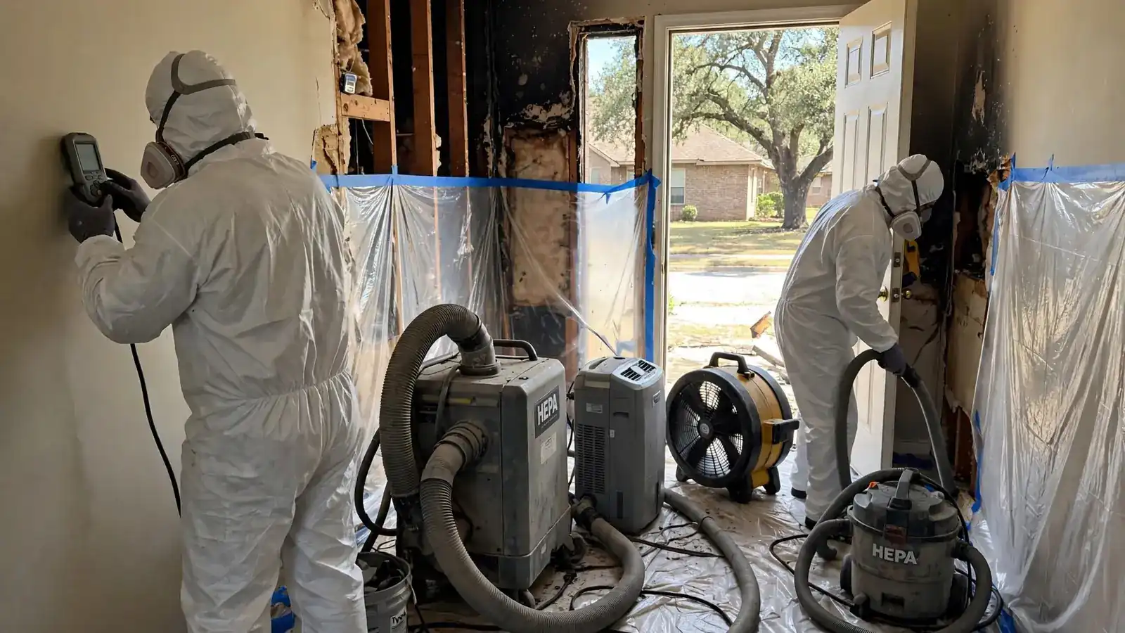 Air scrubber and HEPA vacuum running inside a smoke-damaged home