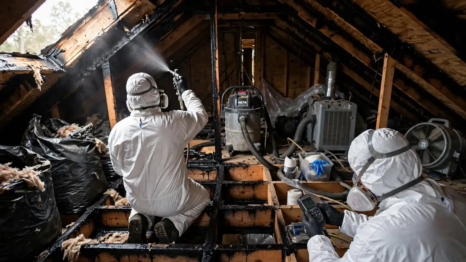 Worker spraying sealer on attic framing after insulation removal