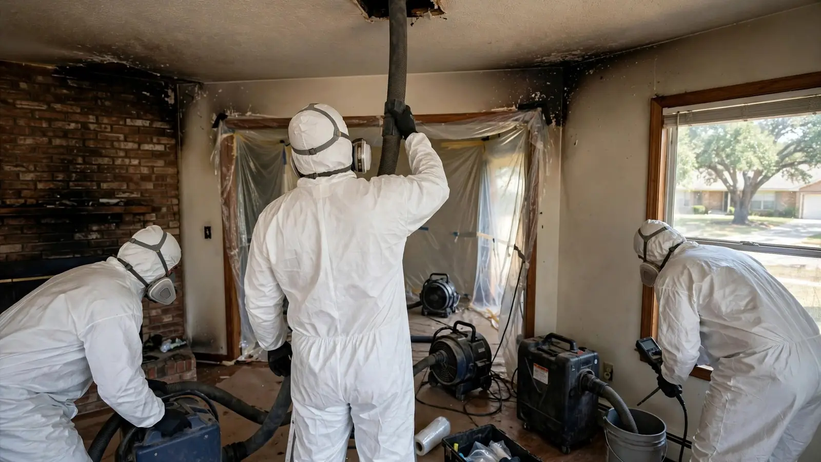 Crew cleaning a ceiling duct opening in a smoke-damaged room