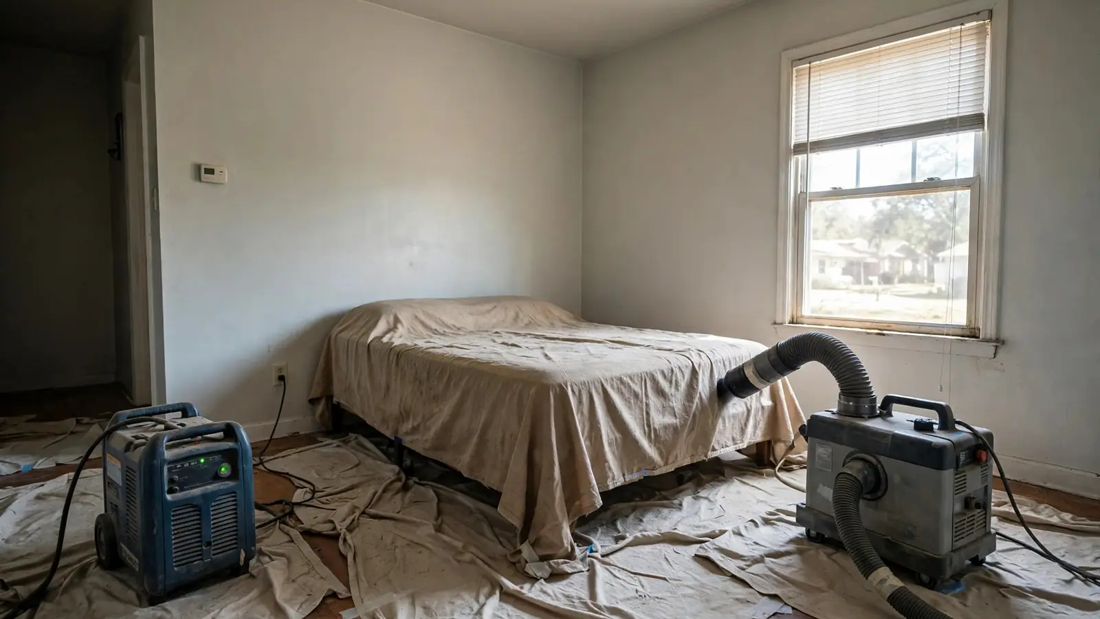 Empty bedroom with drop cloths and odor treatment machines running