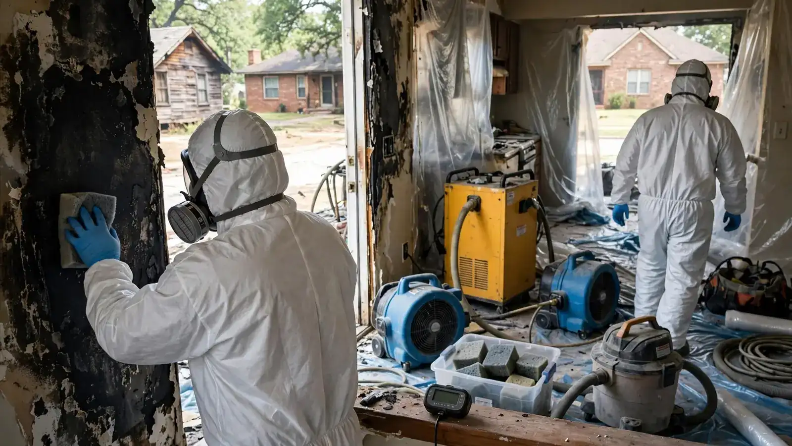 Worker wiping a smoke-blackened wall with a dry cleaning sponge