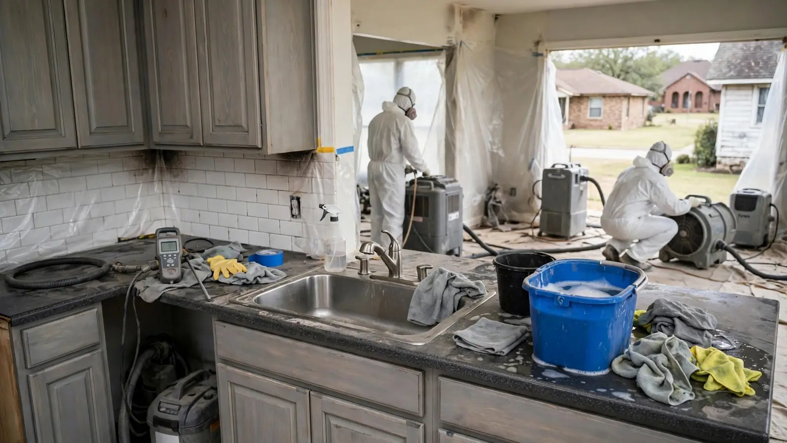 Crew cleaning smoke-stained kitchen cabinets and counters