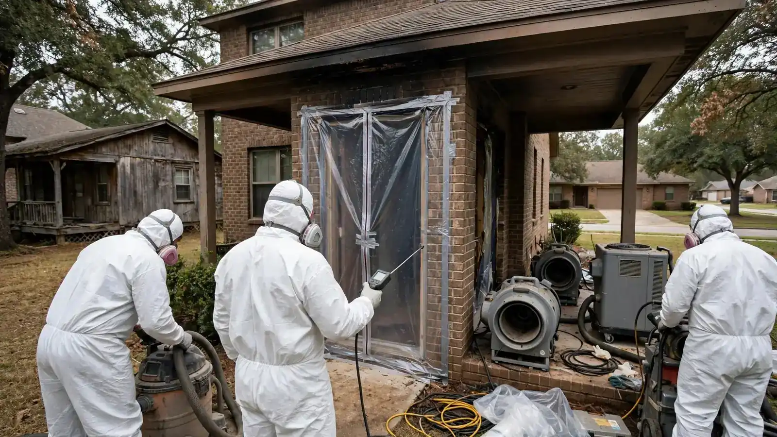 Plastic containment barrier over a doorway of a fire-damaged house