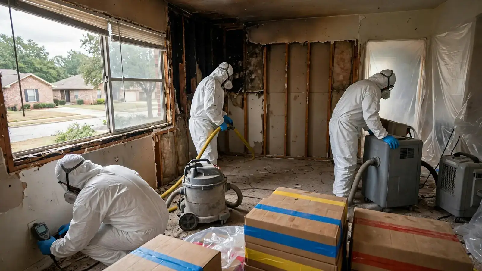 Packed boxes and cleaning equipment in a room stripped after a fire