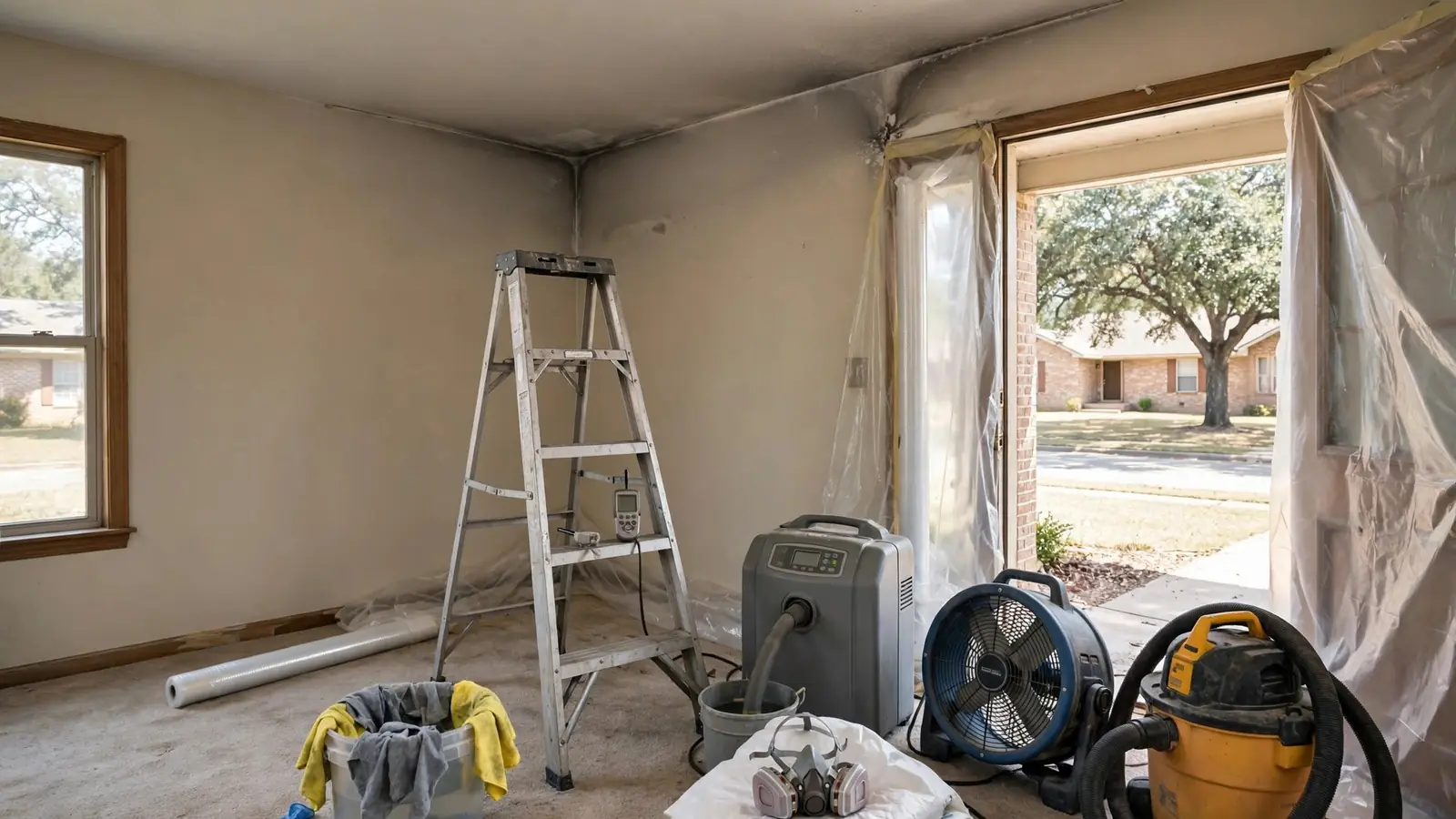 Ladder and air equipment set up in a room ready for ceiling cleaning