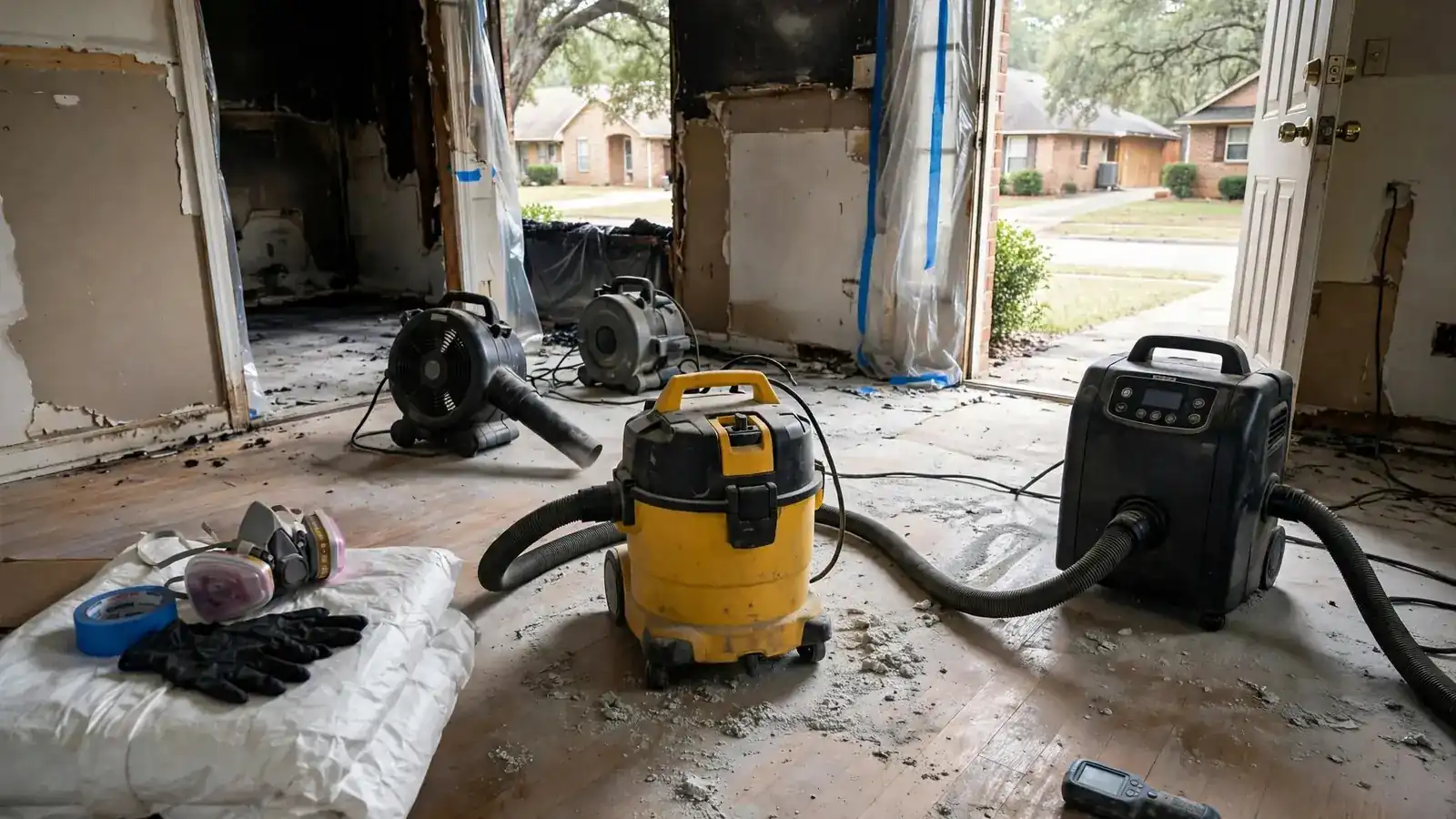 HEPA vacuum and air mover on a sooty floor after a fire