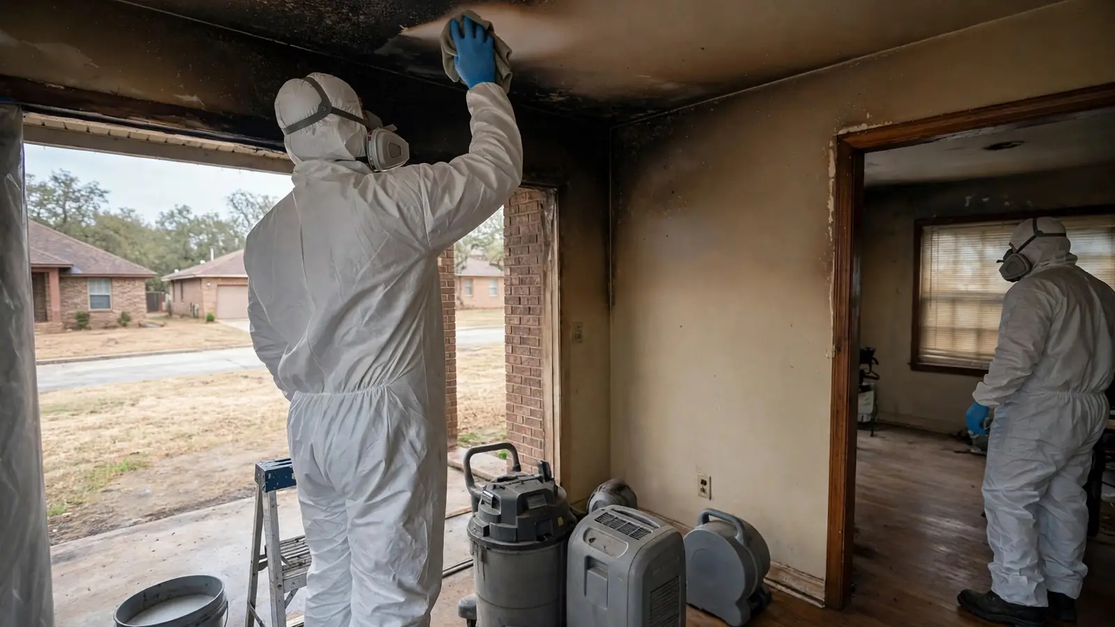 Worker cleaning a smoke-stained ceiling in an empty room
