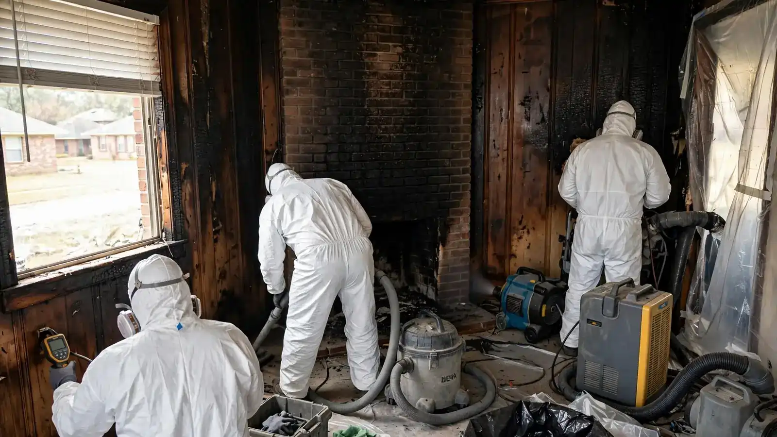 Crew cleaning a den with smoke-darkened wood paneling