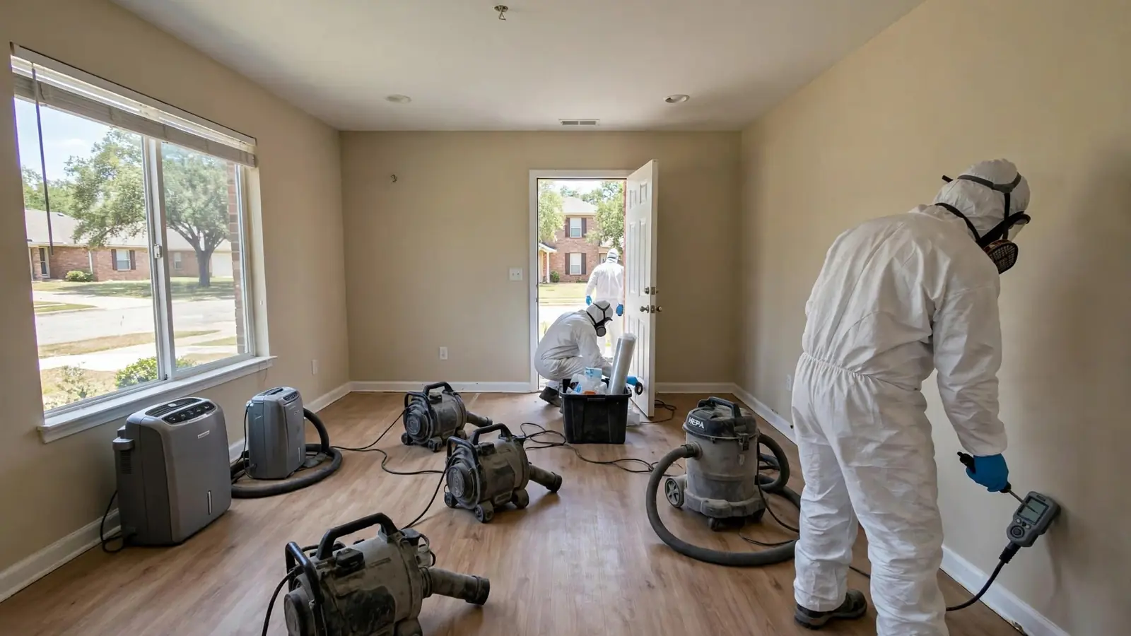 Bright, clean living room with equipment being packed up after restoration