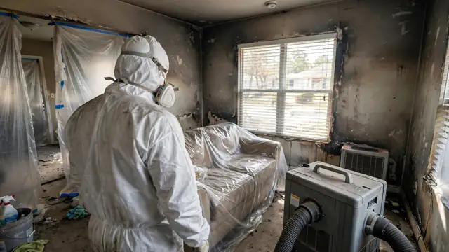 Worker in a white protective suit in a smoke-stained living room
