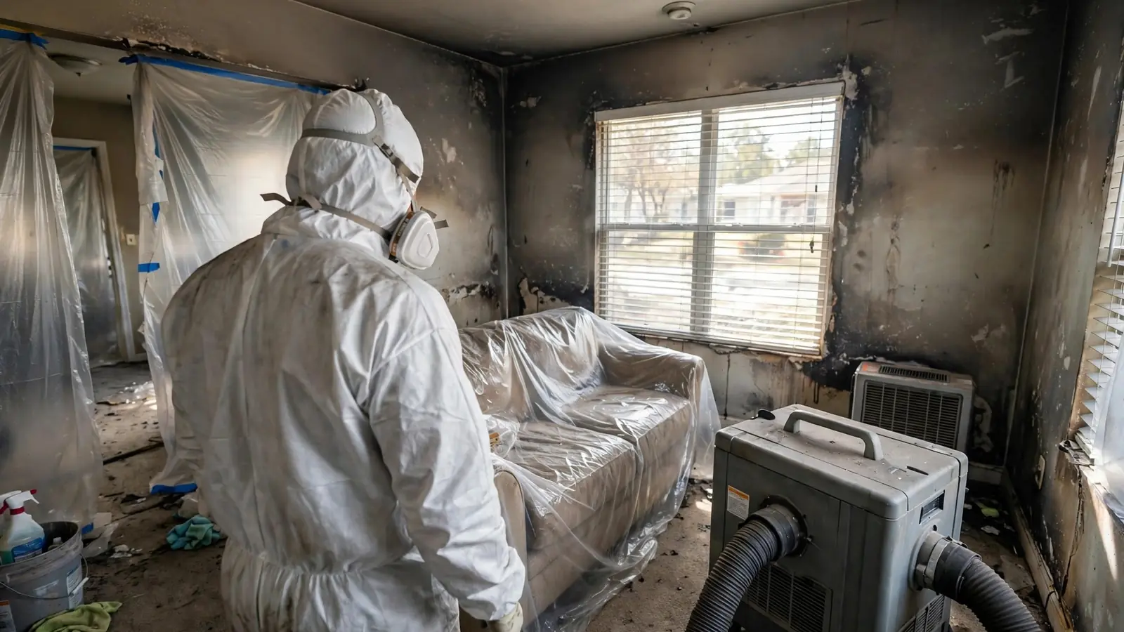 Worker in a white protective suit in a smoke-stained living room