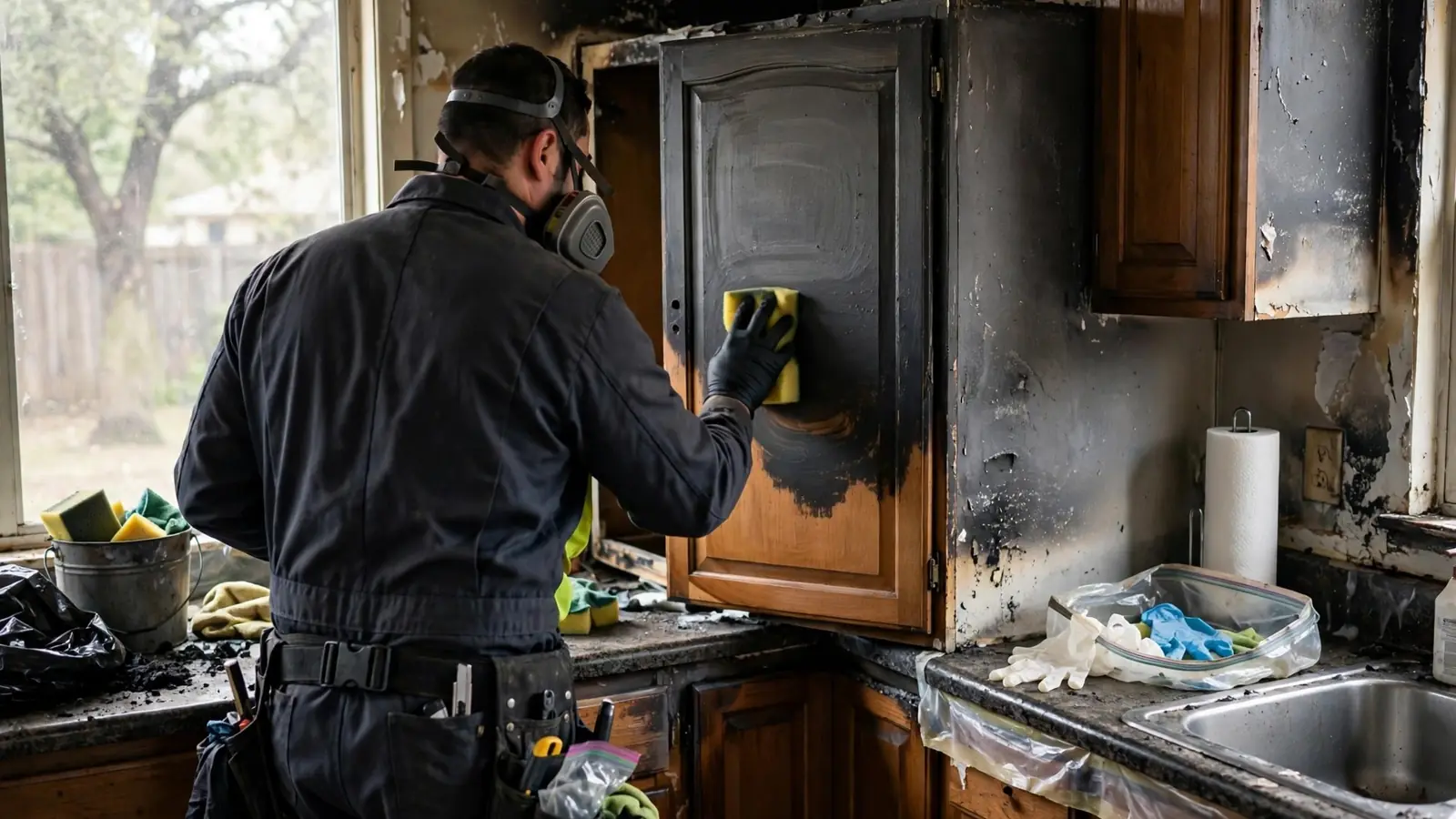 Technician wiping smoke film off a kitchen cabinet door