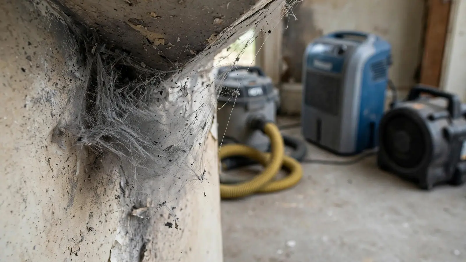 Close-up of soot webs hanging in a ceiling corner