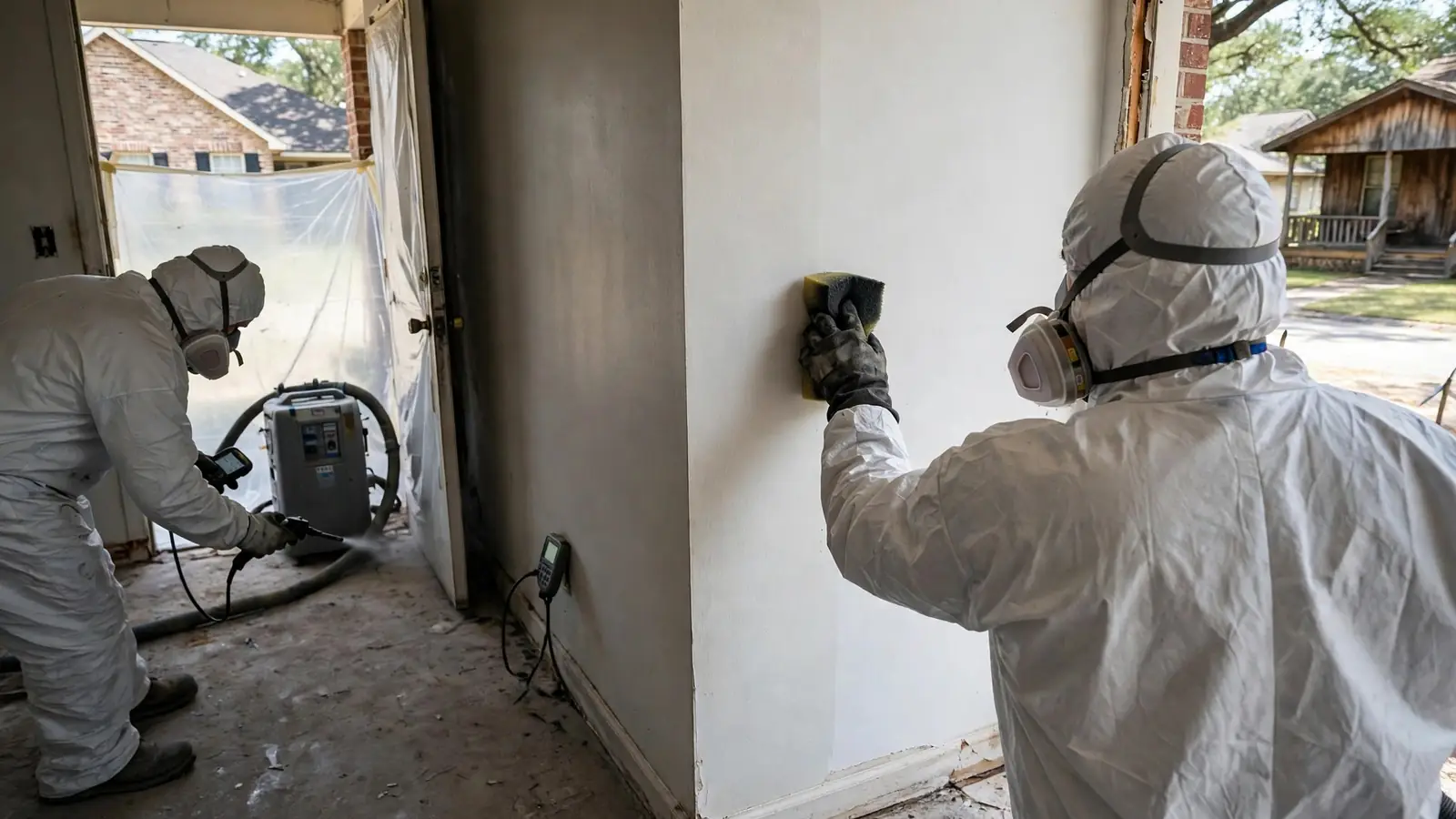 Dry sponge lifting soot from a wall, showing a clean patch
