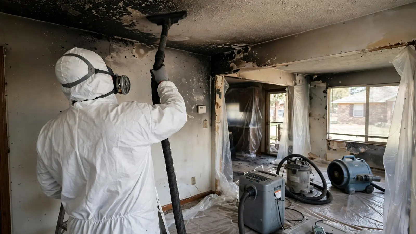 Worker vacuuming soot from a ceiling with a HEPA wand