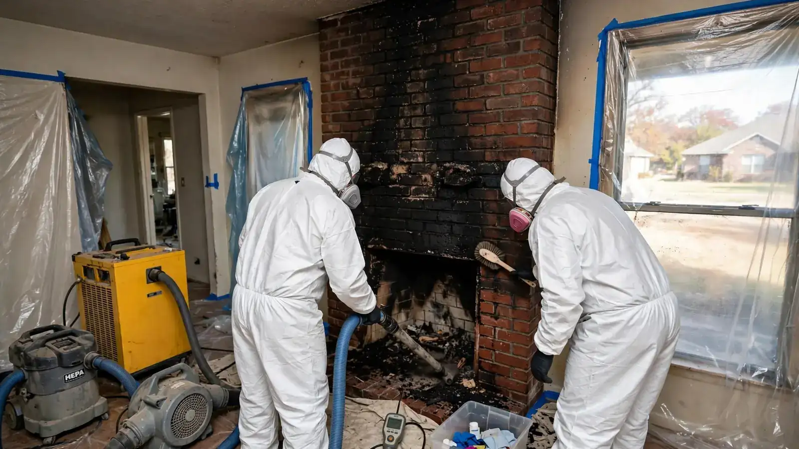 Crew cleaning soot from a brick fireplace wall