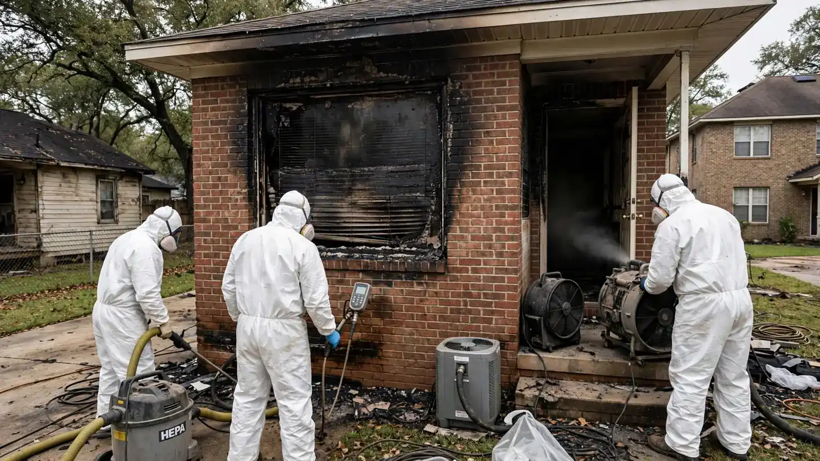 Crew washing soot from the outside brick of a burned house