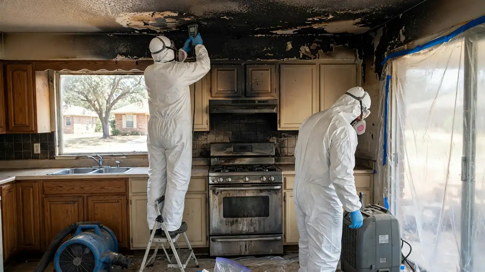 Worker cleaning soot from a kitchen ceiling above the stove