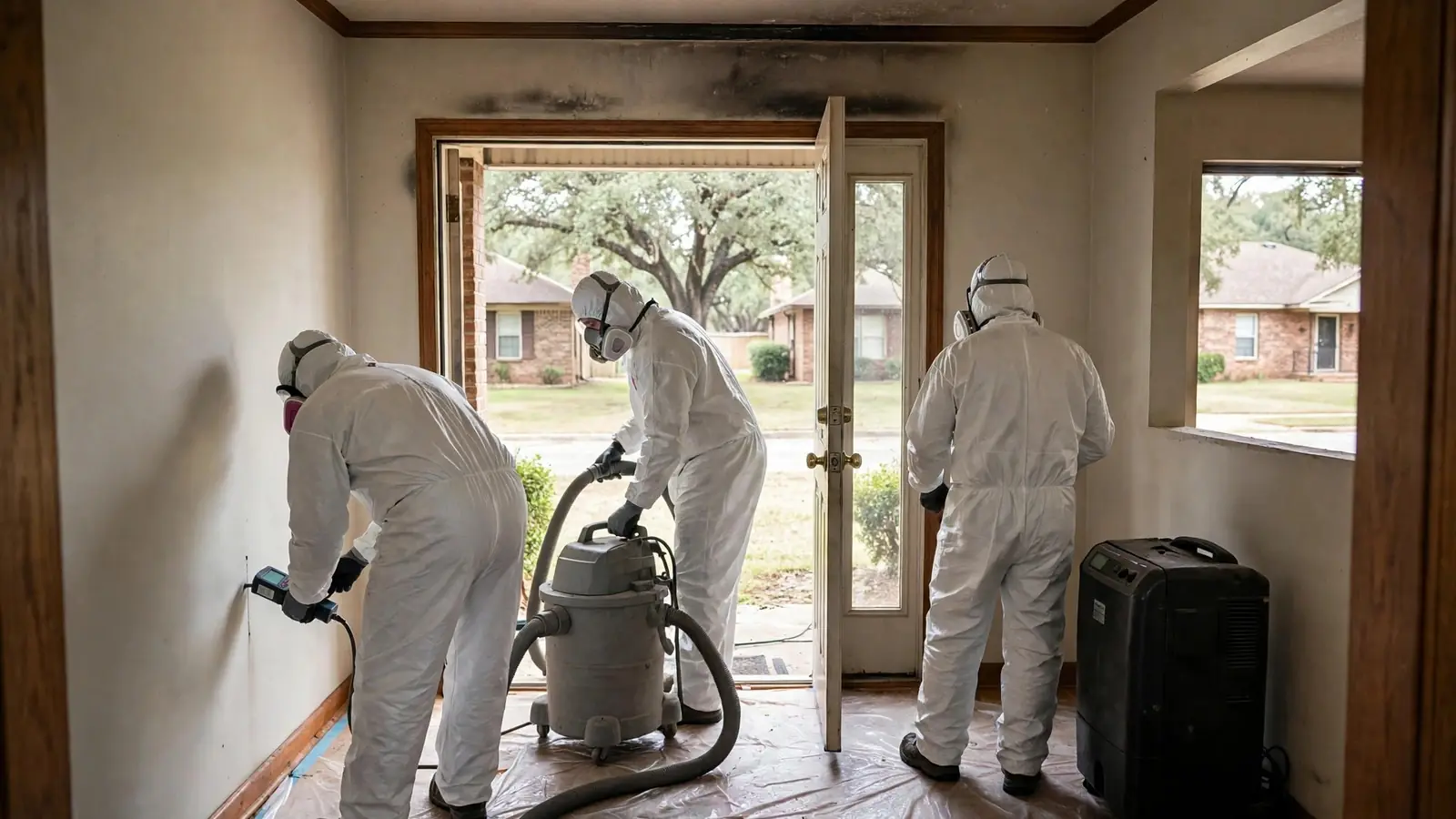 Workers vacuuming soot from hallway walls near a doorway