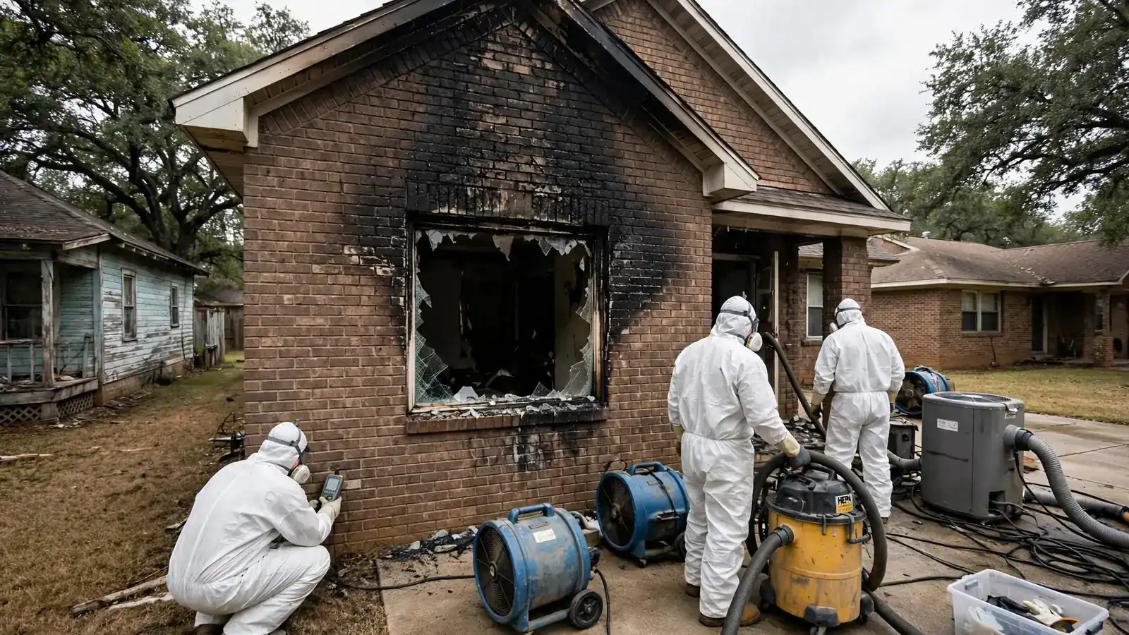 Soot streaks on brick above a fire-broken window