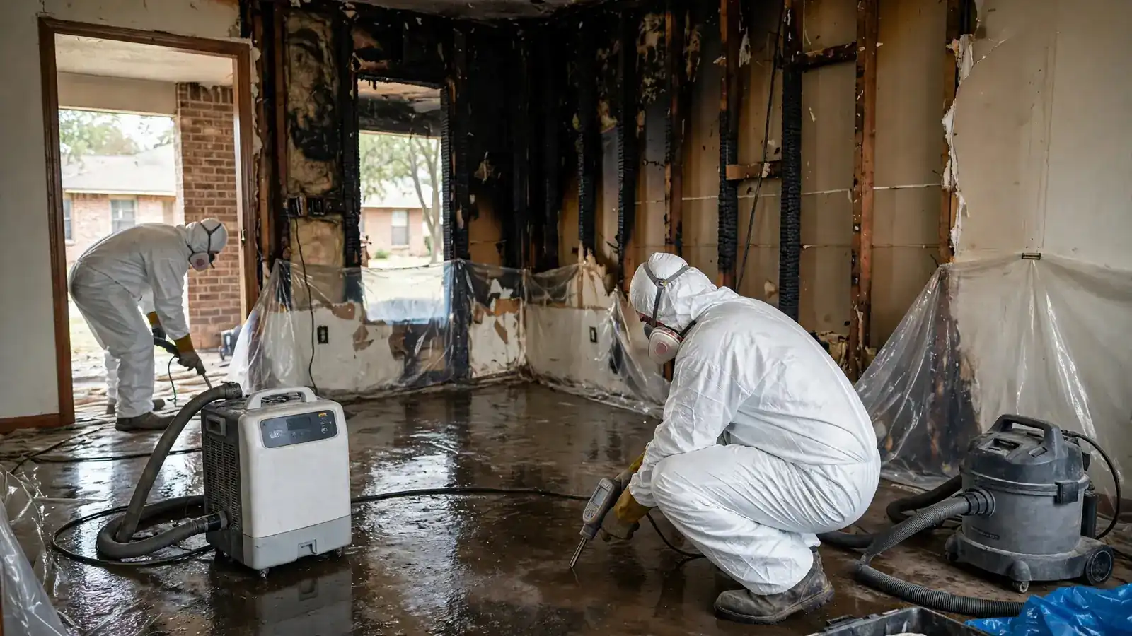 Worker extracting water from a floor after firefighting