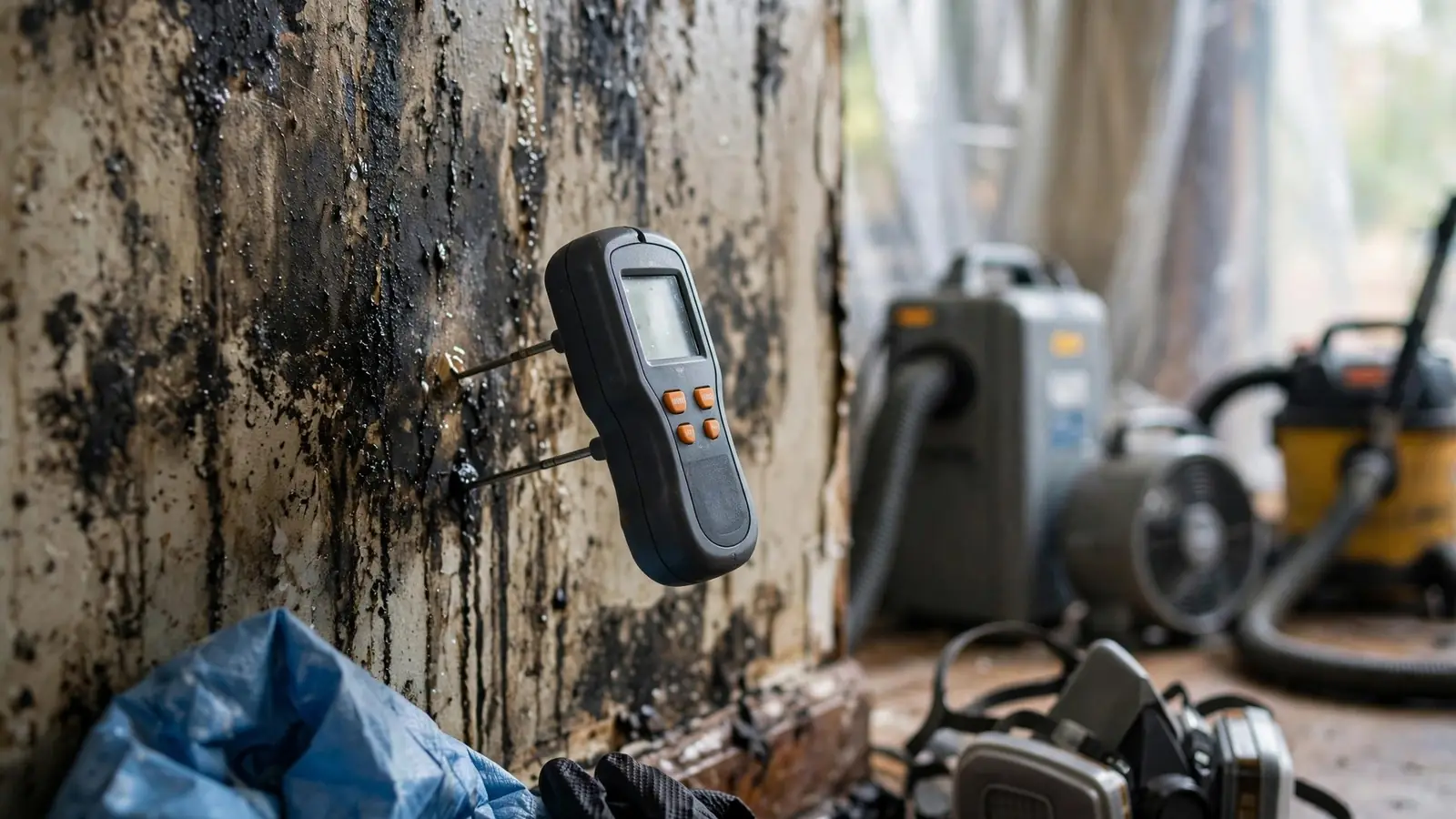 Moisture meter held against a soot-stained wet wall