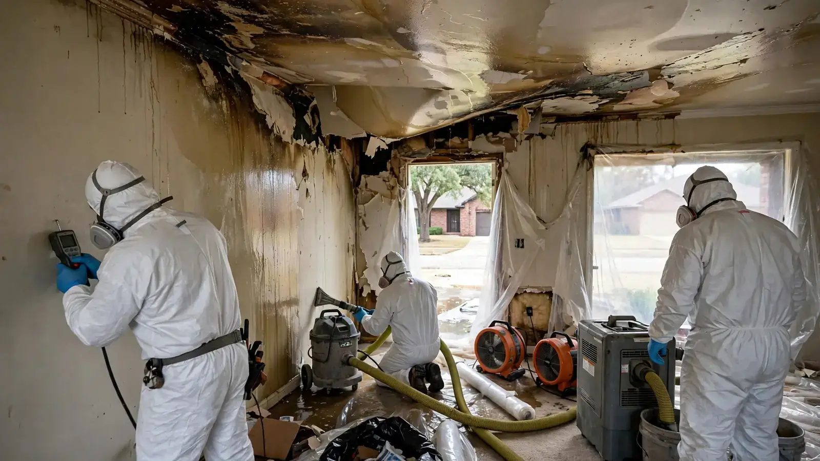 Worker checking moisture under a water-stained ceiling