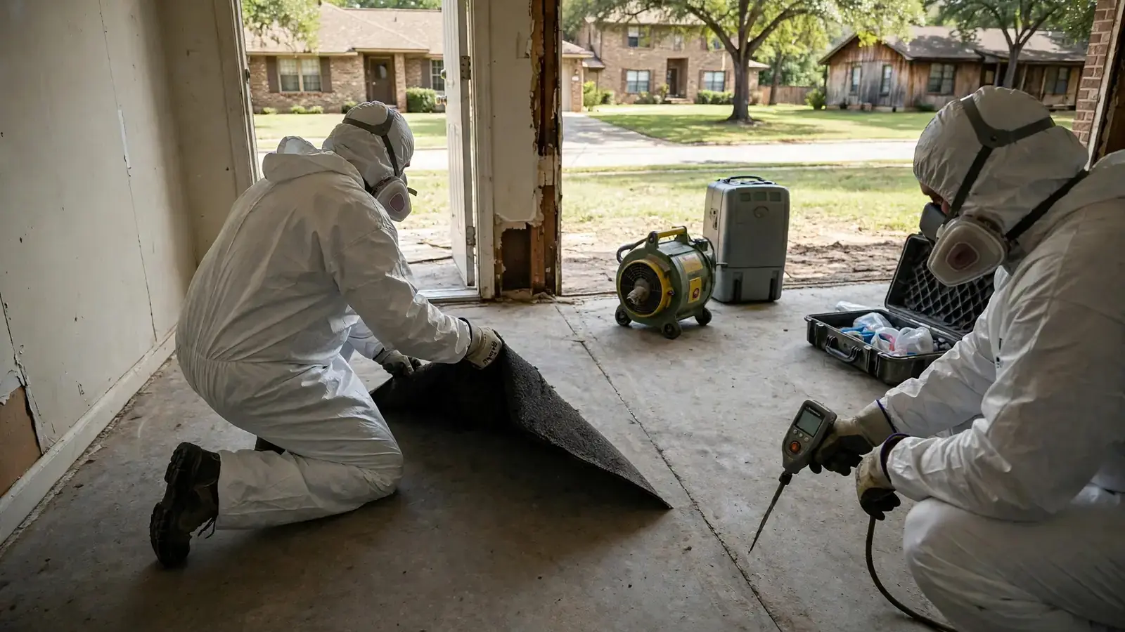Worker pulling up wet carpet pad from a concrete slab