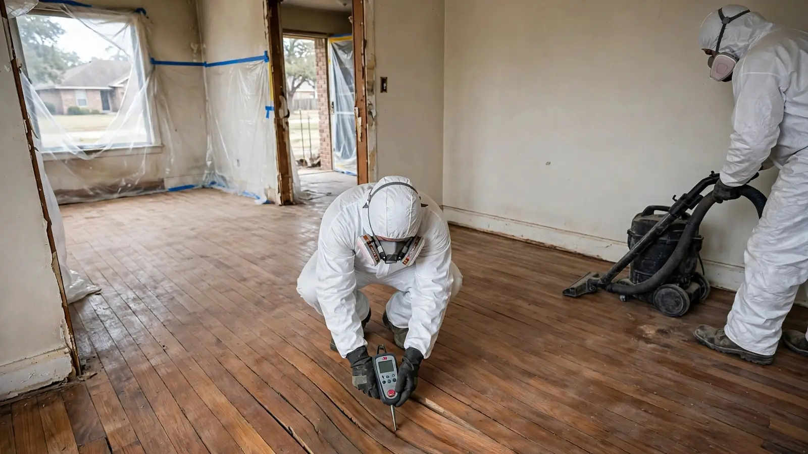 Worker measuring moisture in cupped hardwood floorboards
