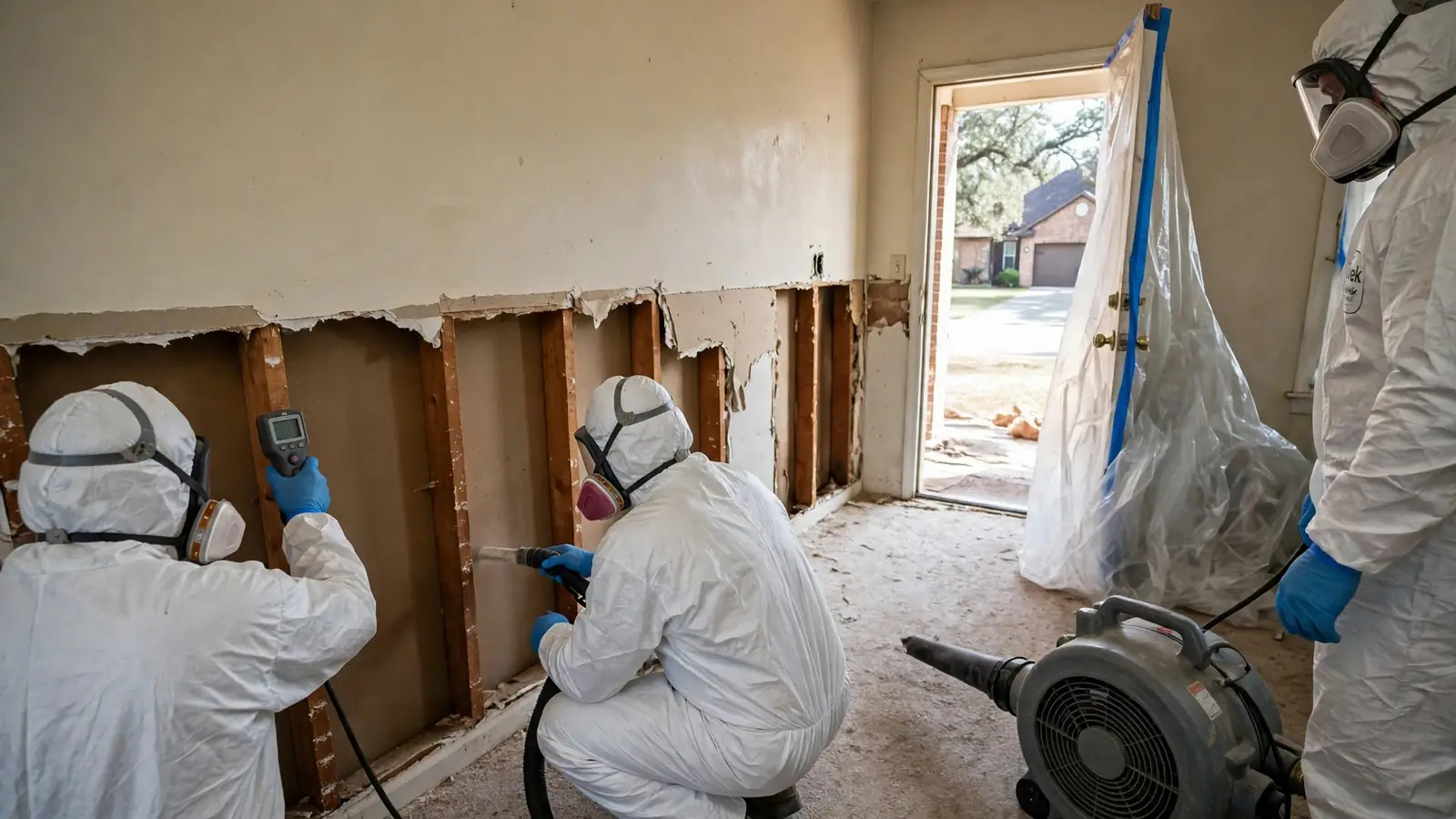 Drywall cut away at the base of a wall to dry the cavity