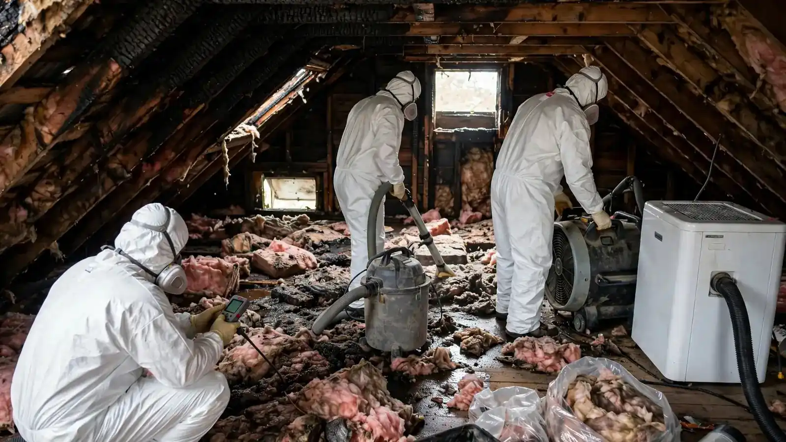 Crew removing wet insulation from a fire-damaged attic