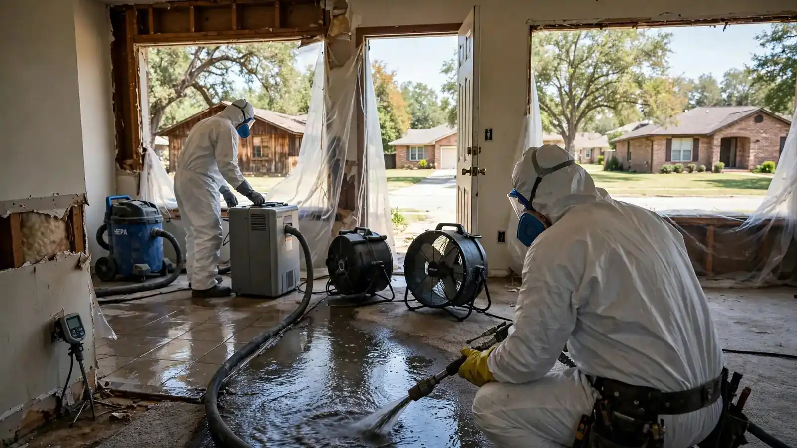 Worker using an extraction wand on a soaked floor